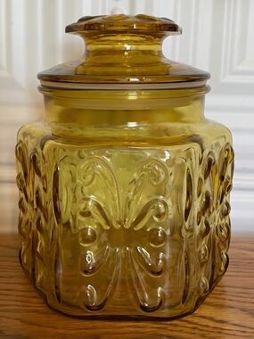 Vintage Federal Glass Atterbury Scroll Show Off Amber Canister Jar With Lid